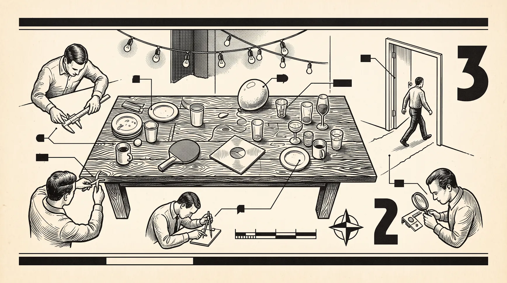 Vintage-style illustration of men measuring and cataloguing leftover party items on a wooden table as one walks out the door