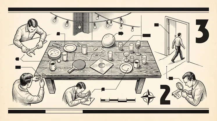 Vintage-style illustration of men measuring and cataloguing leftover party items on a wooden table as one walks out the door