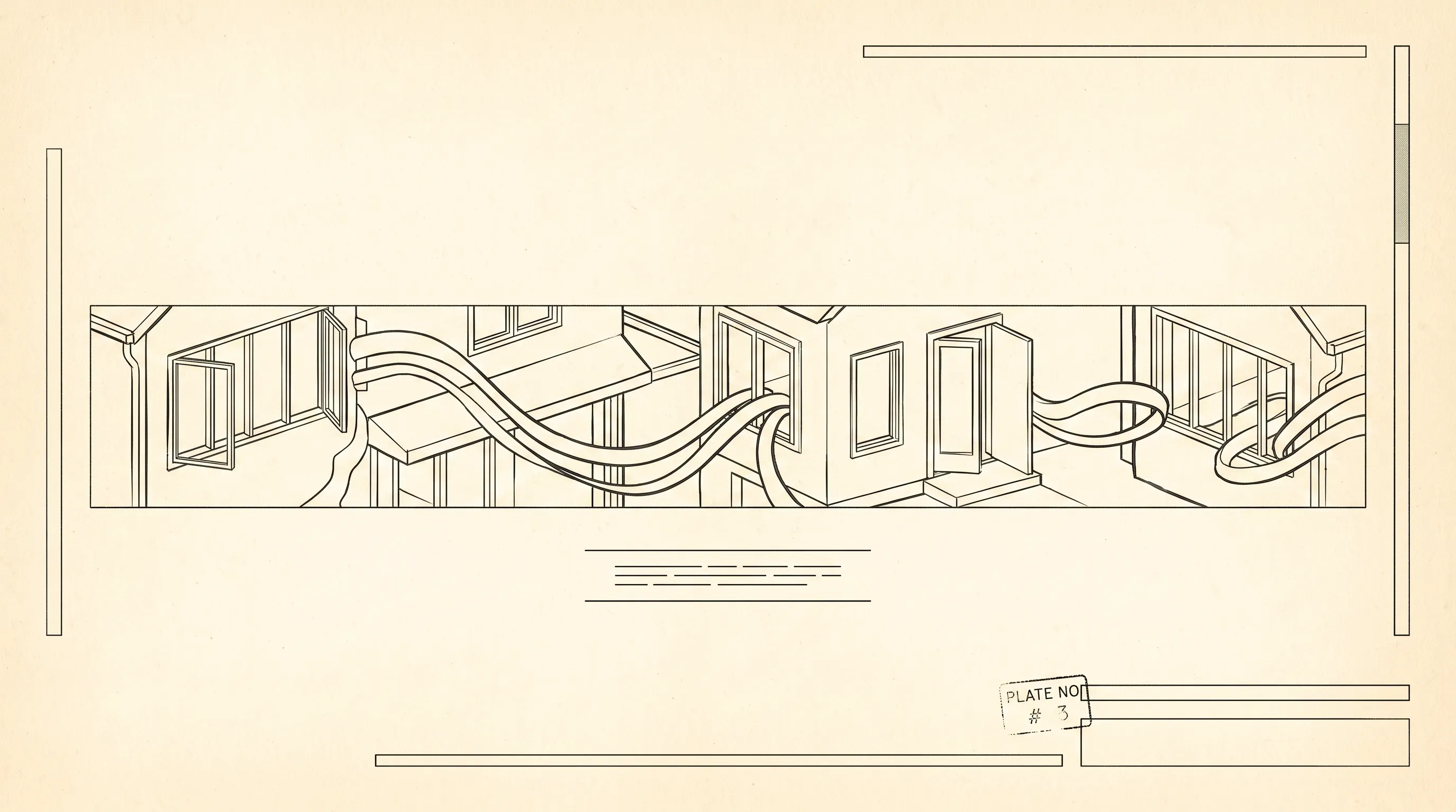 Line drawing of neighbouring homes with cables looping between their windows and doors, styled as a technical plate