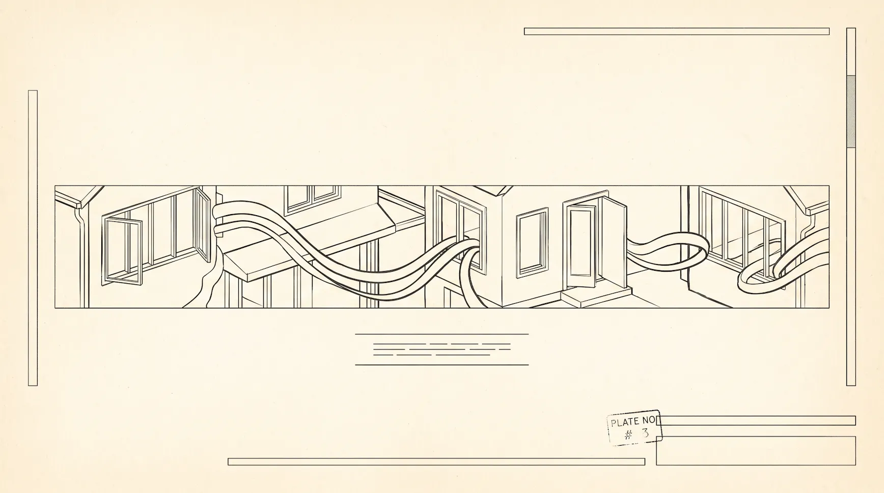 Line drawing of neighbouring homes with cables looping between their windows and doors, styled as a technical plate