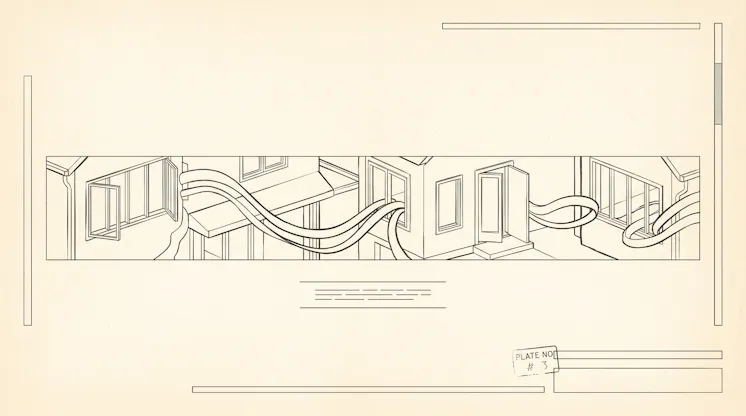 Line drawing of neighbouring homes with cables looping between their windows and doors, styled as a technical plate