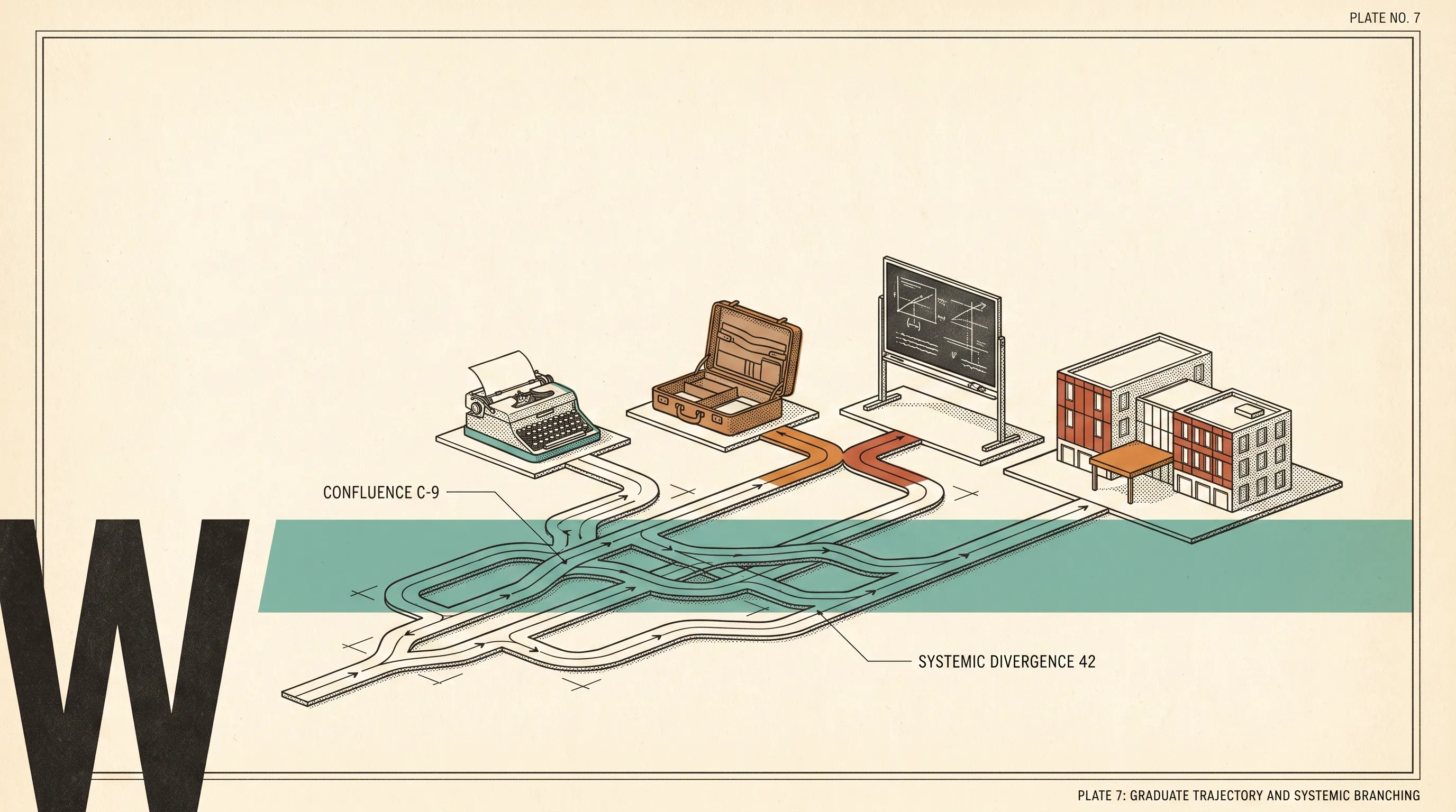 Isometric illustration of a typewriter, briefcase, chalkboard and office building linked by branching paths, captioned graduate trajectory and systemic branching