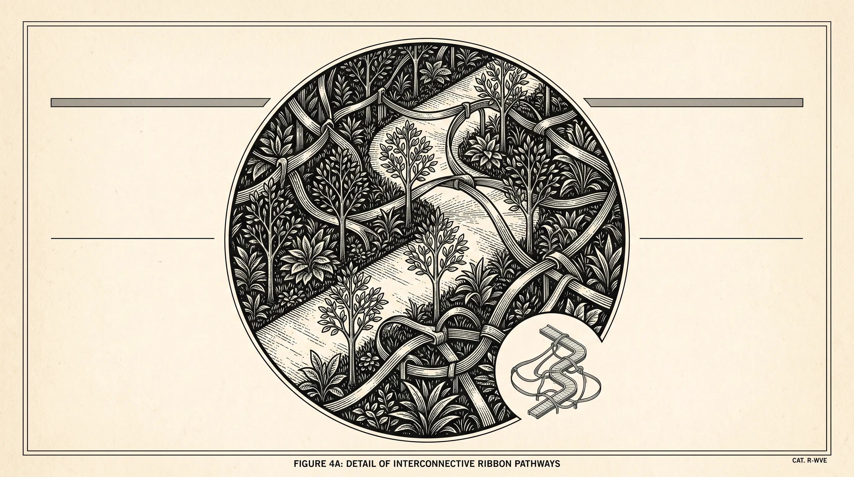 Engraved illustration of ribbon pathways winding among trees and plants inside a circle, captioned detail of interconnective ribbon pathways