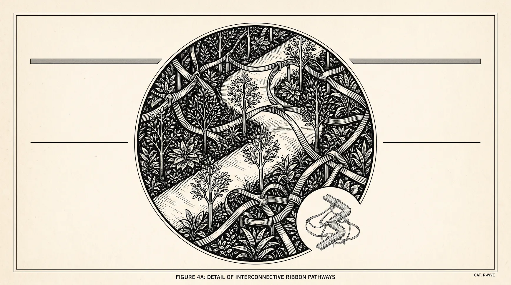 Engraved illustration of ribbon pathways winding among trees and plants inside a circle, captioned detail of interconnective ribbon pathways