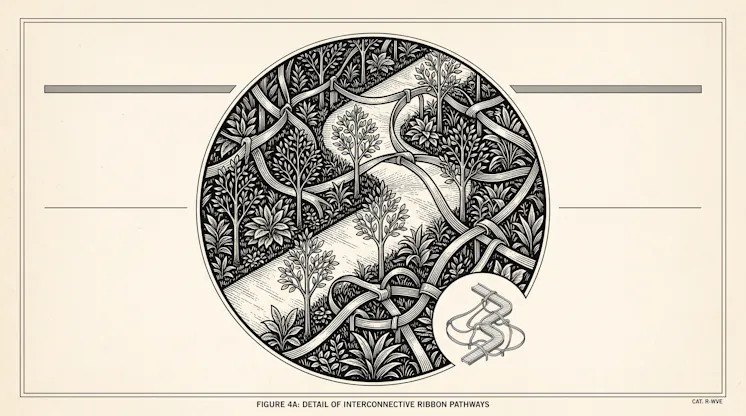 Engraved illustration of ribbon pathways winding among trees and plants inside a circle, captioned detail of interconnective ribbon pathways