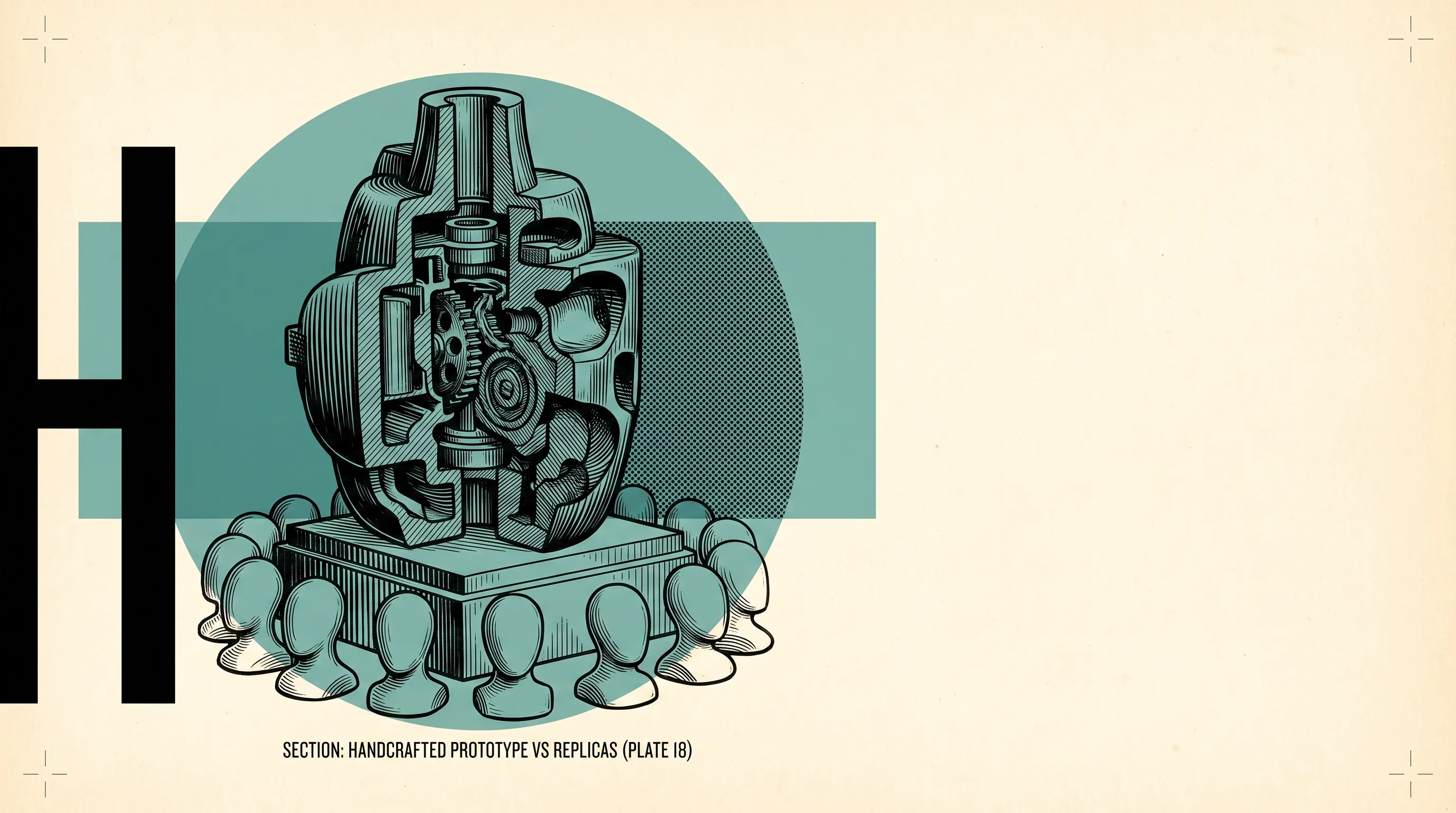 Illustration of a cutaway gear mechanism on a pedestal ringed by identical faceless figures, captioned Handcrafted Prototype vs Replicas