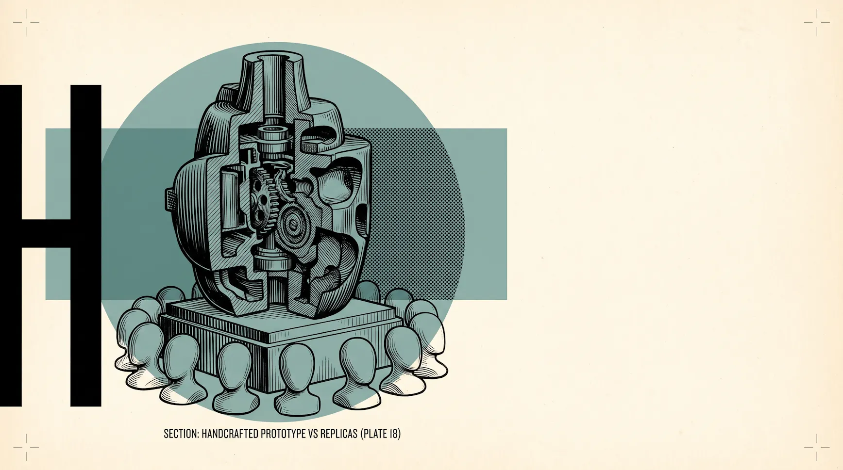 Illustration of a cutaway gear mechanism on a pedestal ringed by identical faceless figures, captioned Handcrafted Prototype vs Replicas