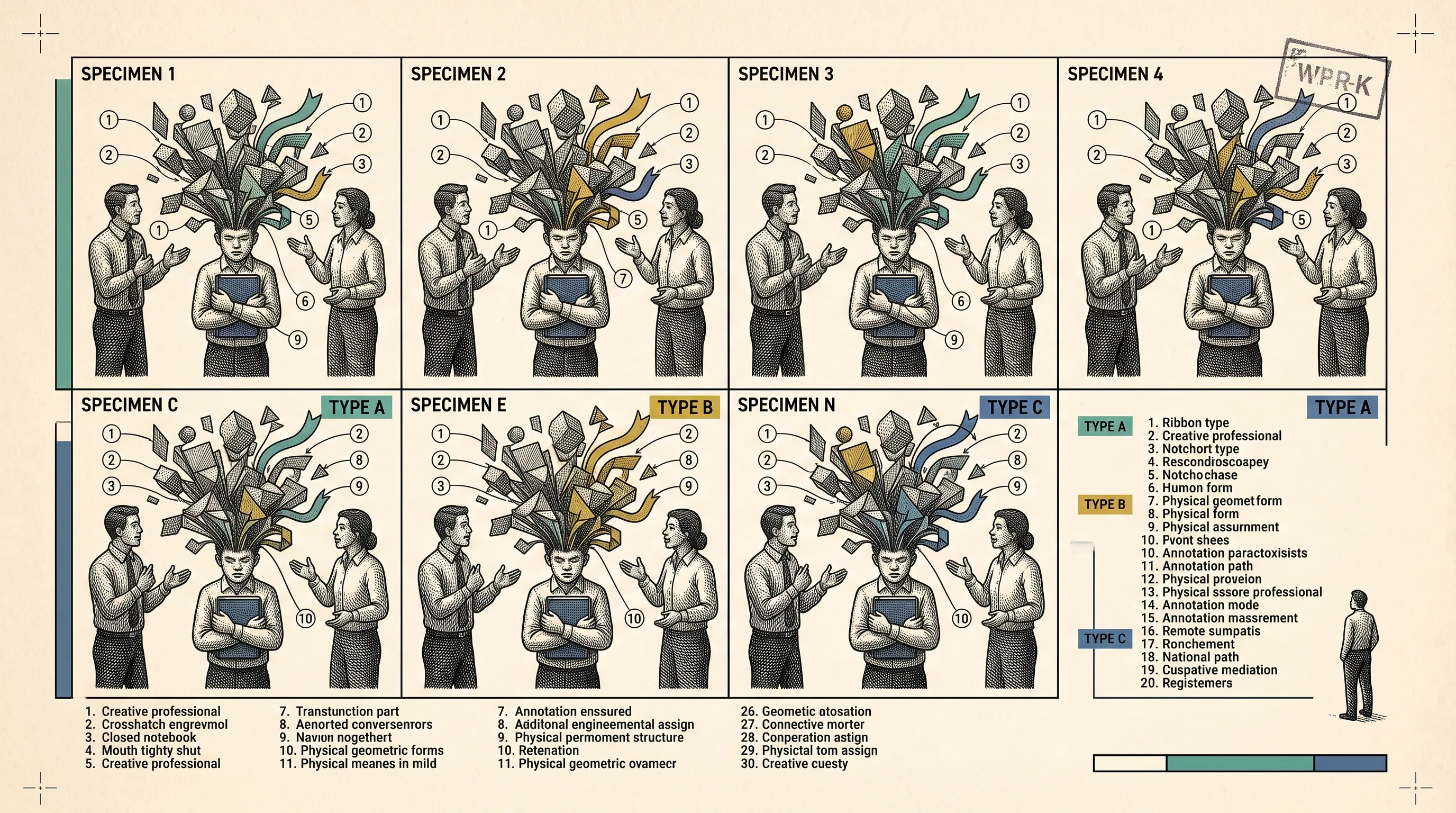 Grid of specimen-style illustrations of a person clutching a notebook while two colleagues talk, with shapes bursting from their head