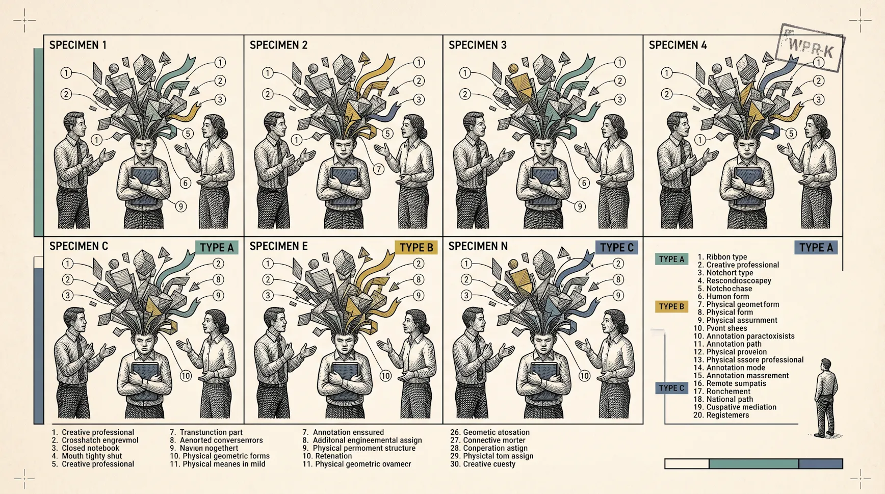 Grid of specimen-style illustrations of a person clutching a notebook while two colleagues talk, with shapes bursting from their head