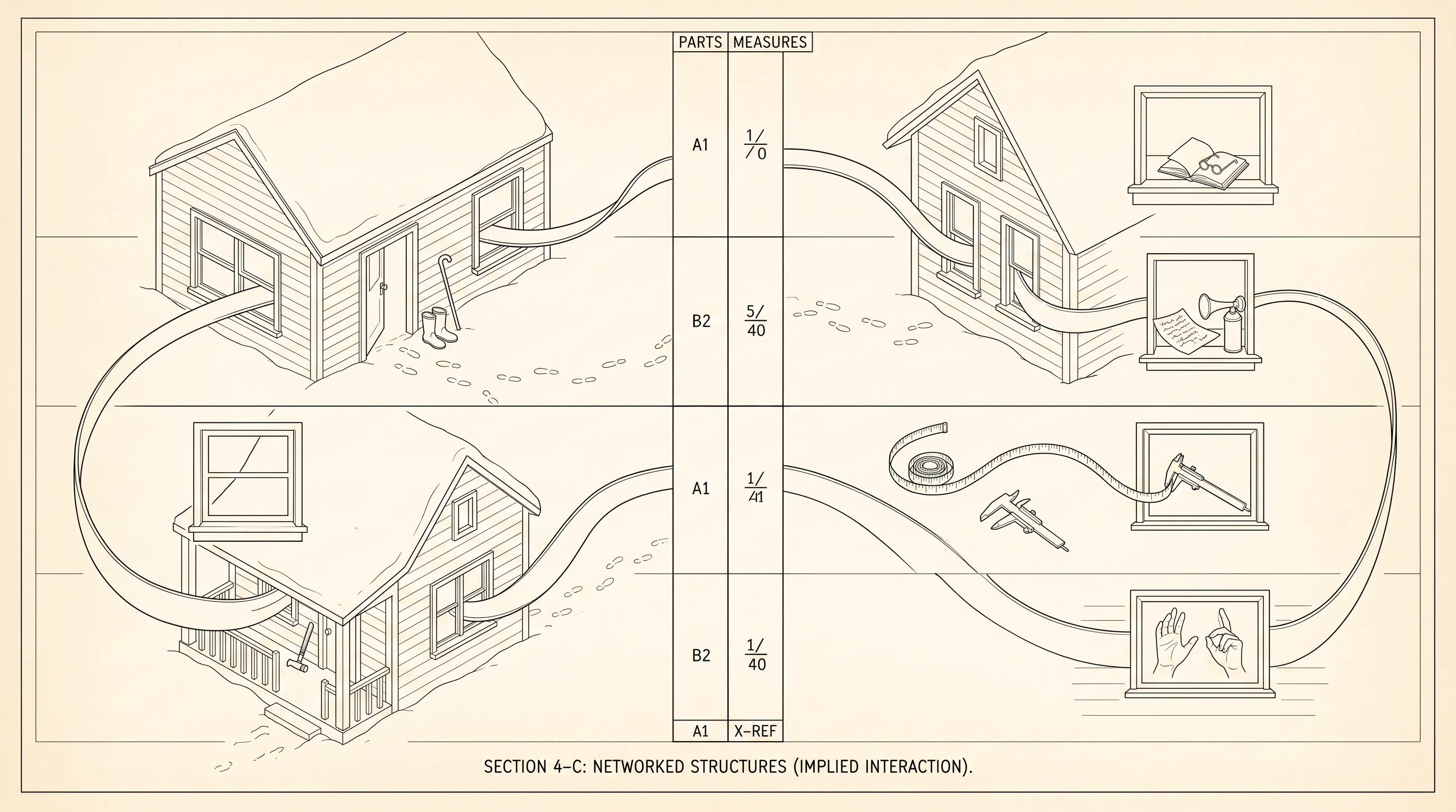 Blueprint-style illustration of three snowbound houses linked by ribbons to windows showing a book, a letter, tools and waving hands