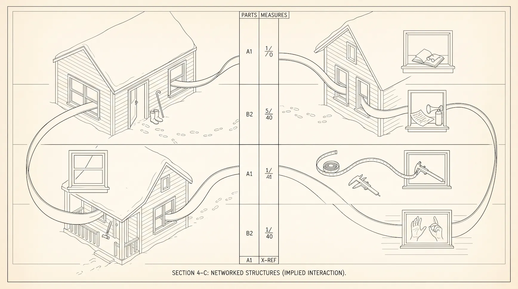 Blueprint-style illustration of three snowbound houses linked by ribbons to windows showing a book, a letter, tools and waving hands
