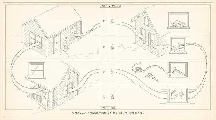 Blueprint-style illustration of three snowbound houses linked by ribbons to windows showing a book, a letter, tools and waving hands