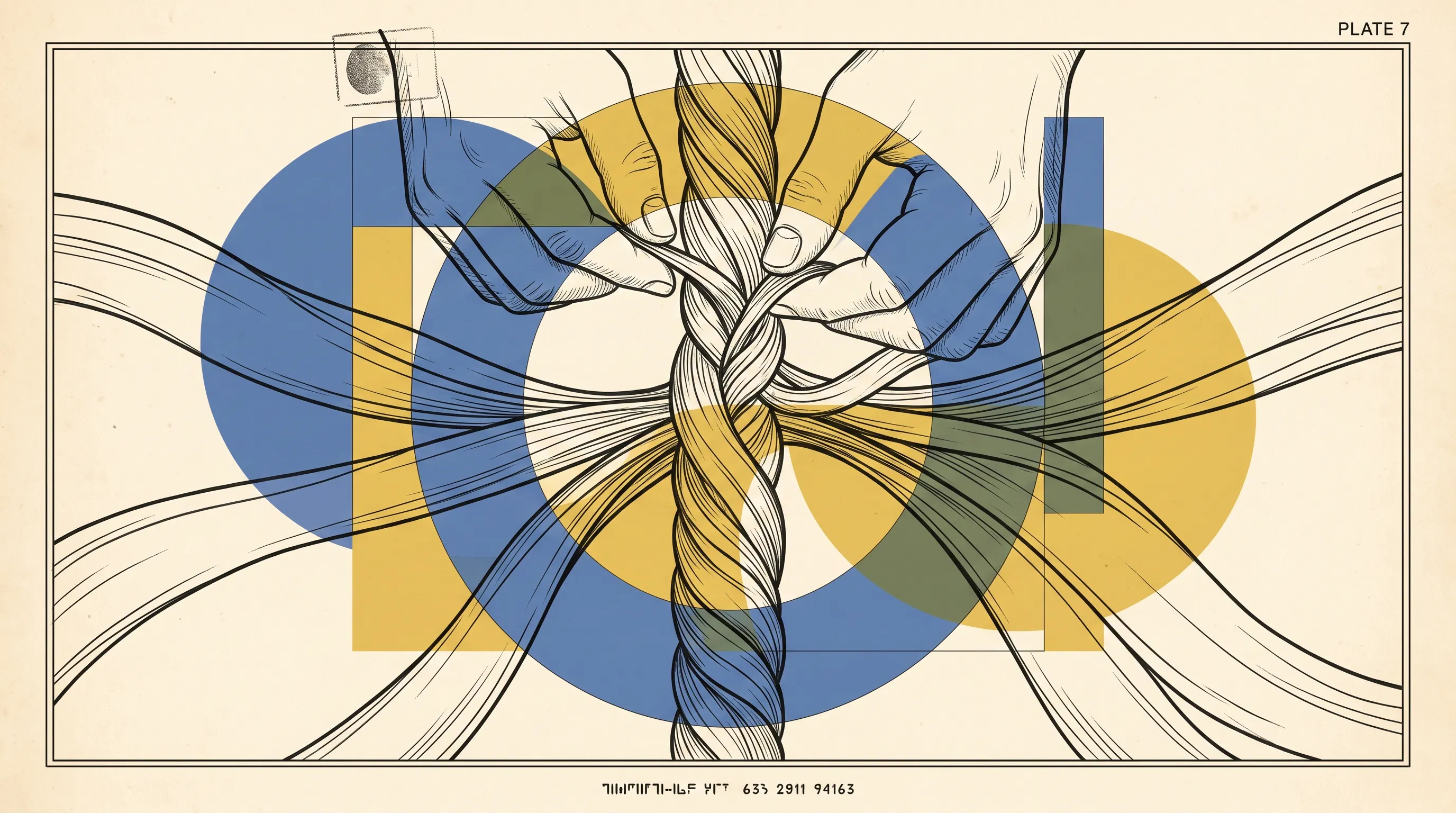 Illustration of hands braiding many loose strands into a single rope over blue and gold circles