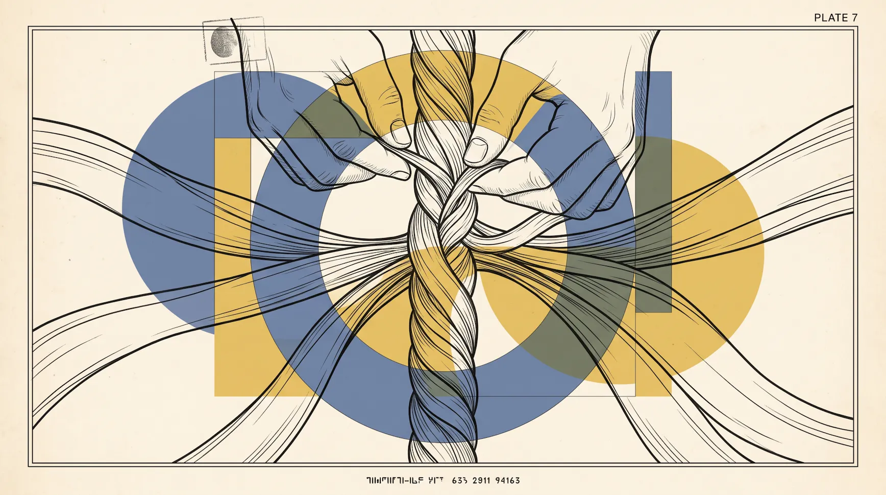 Illustration of hands braiding many loose strands into a single rope over blue and gold circles