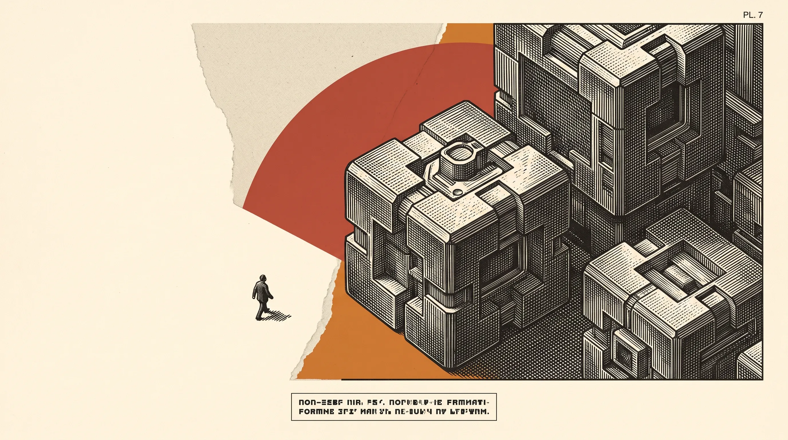 Engraved-style illustration of a lone figure walking toward a cluster of enormous interlocking cube blocks