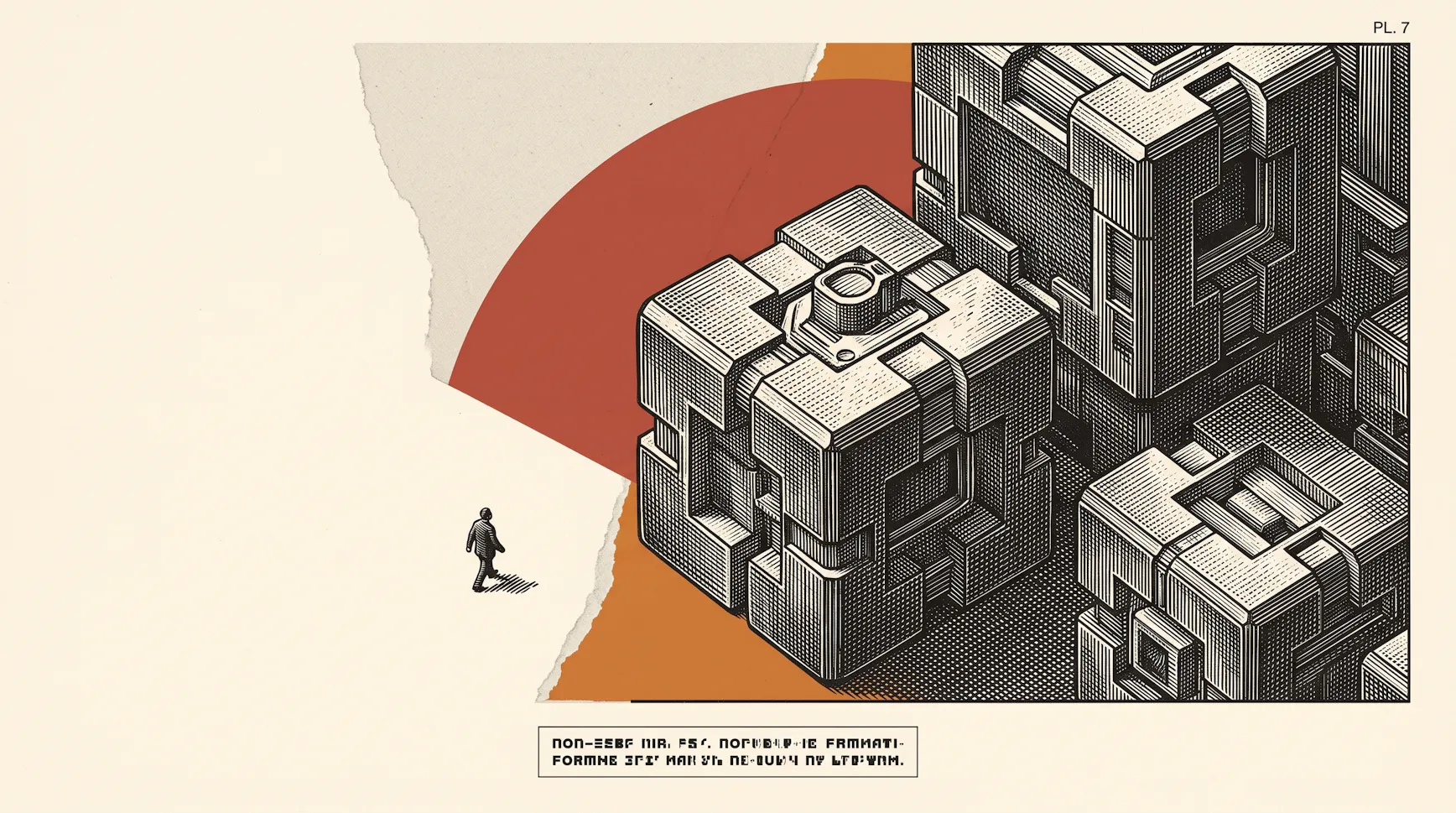Engraved-style illustration of a lone figure walking toward a cluster of enormous interlocking cube blocks