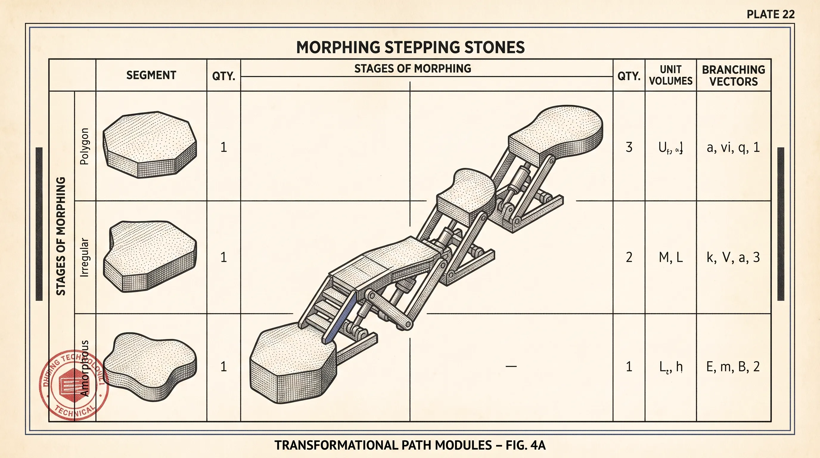 Technical-plate illustration titled Morphing Stepping Stones: a table of stone shapes beside a jointed walkway transforming between them