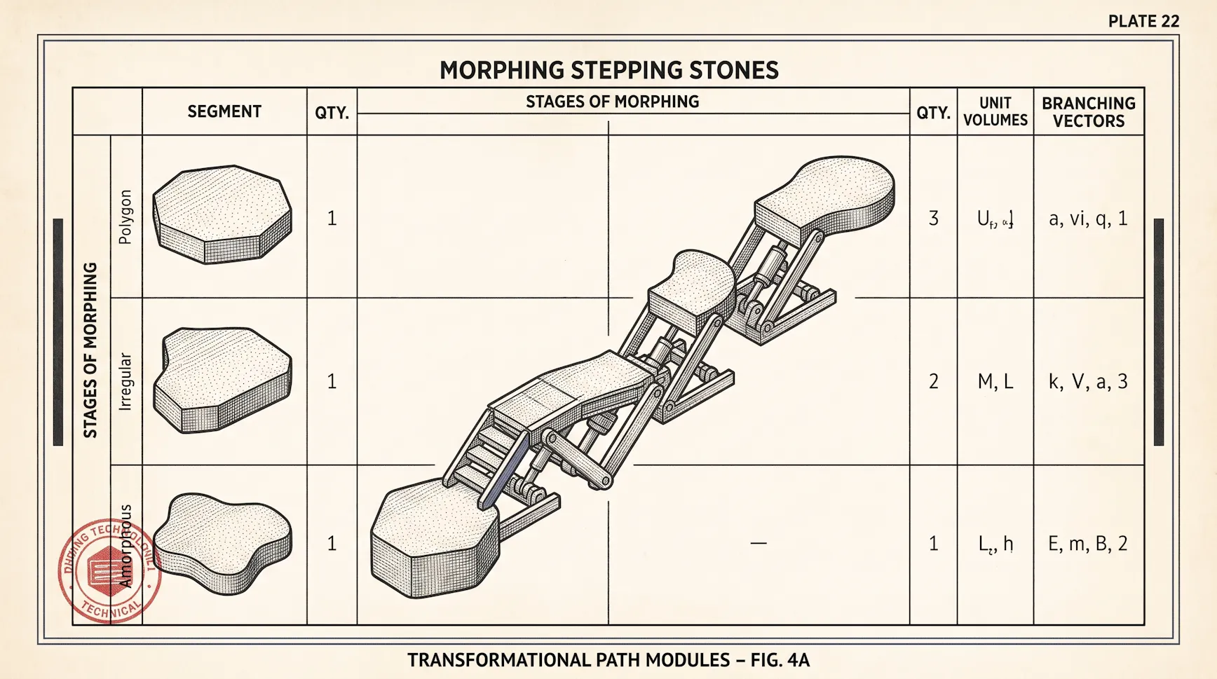 Technical-plate illustration titled Morphing Stepping Stones: a table of stone shapes beside a jointed walkway transforming between them