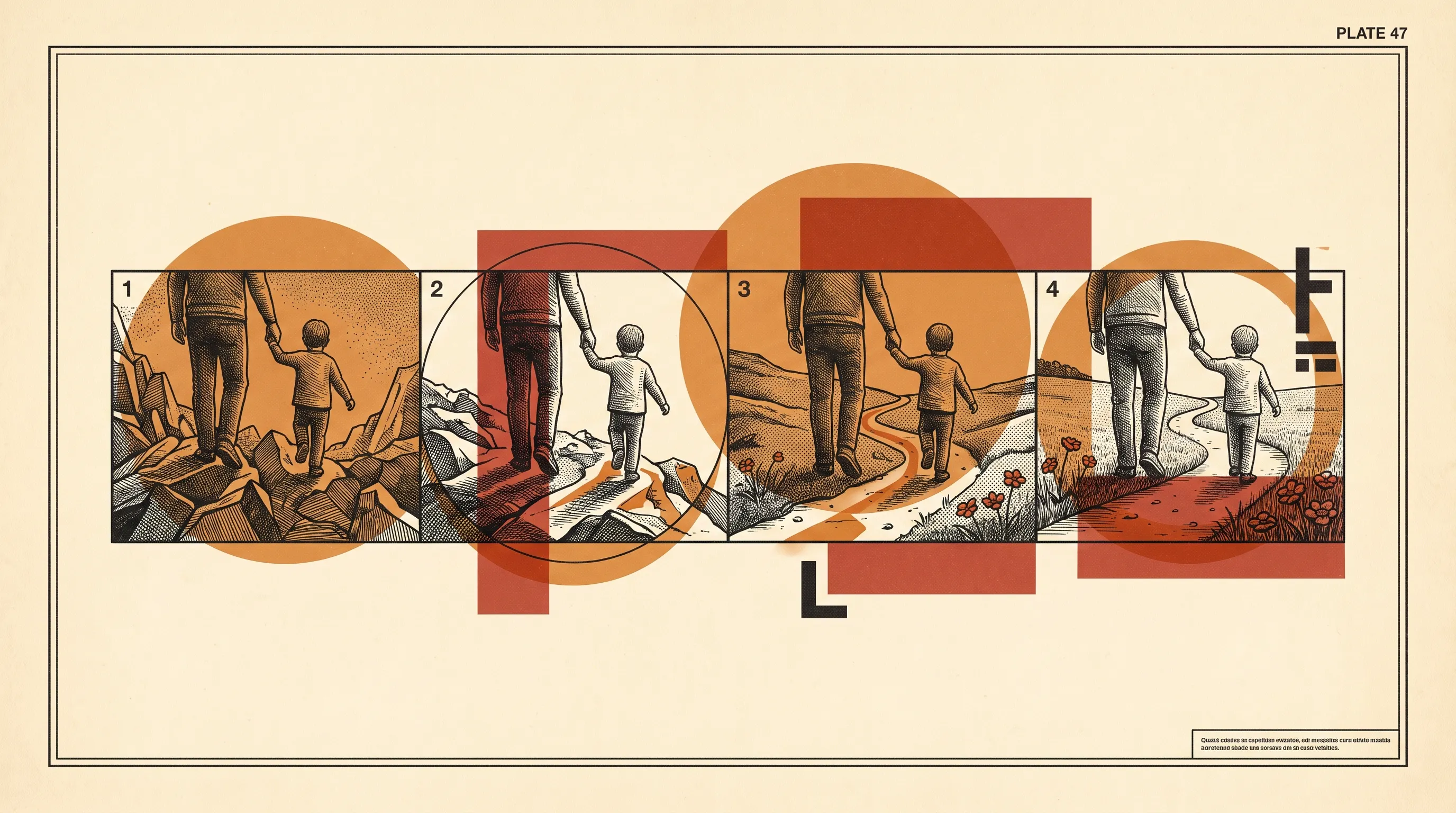 Four-panel illustration of a parent and child walking hand in hand from jagged rocks onto a smooth, flower-lined path