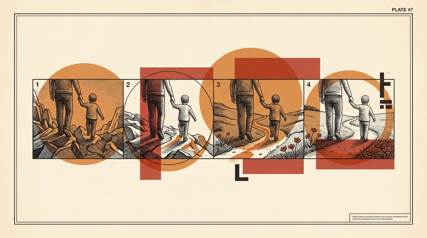 Four-panel illustration of a parent and child walking hand in hand from jagged rocks onto a smooth, flower-lined path