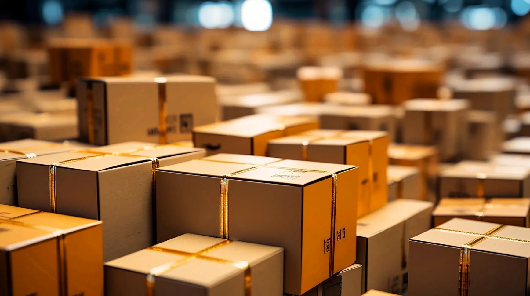 Stacks of taped cardboard moving boxes filling a warehouse