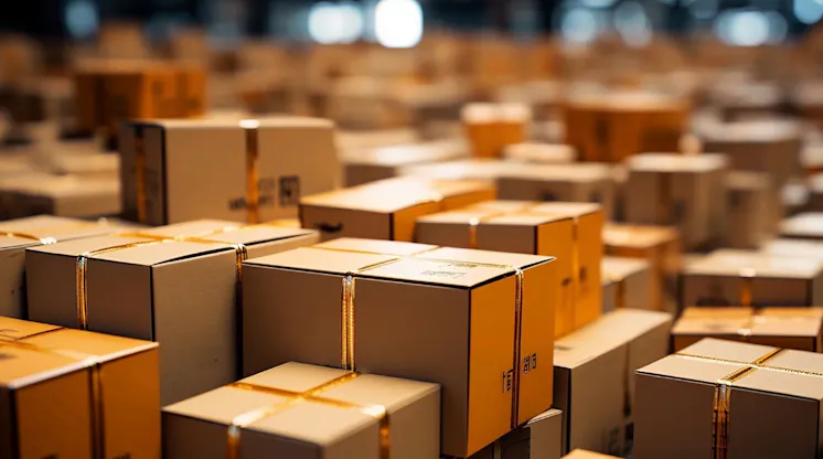 Stacks of taped cardboard moving boxes filling a warehouse