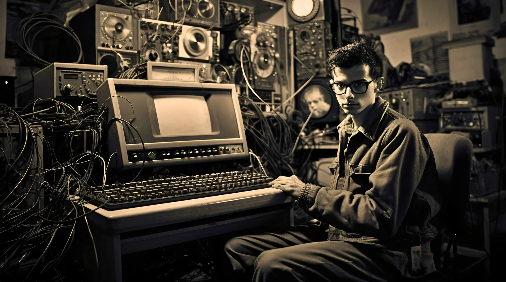 Sepia photo of a young man in glasses seated at a vintage computer terminal surrounded by tangled cables and electronics