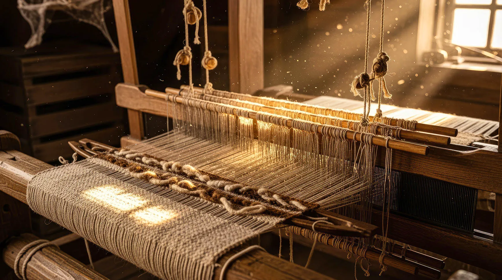 Wooden weaving loom with threads stretched across the frame in warm window light