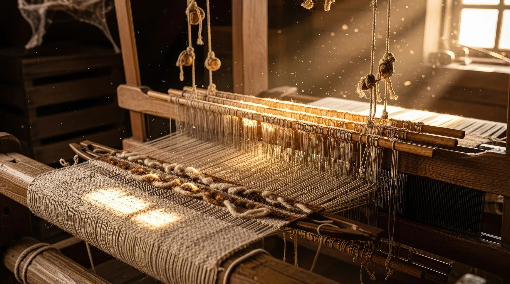 Wooden weaving loom with threads stretched across the frame in warm window light