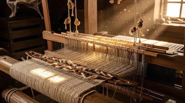 Wooden weaving loom with threads stretched across the frame in warm window light
