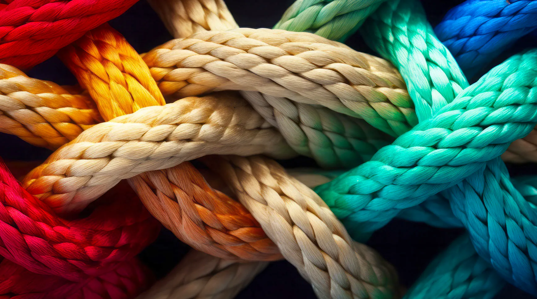 Close-up of multicoloured braided ropes woven tightly together
