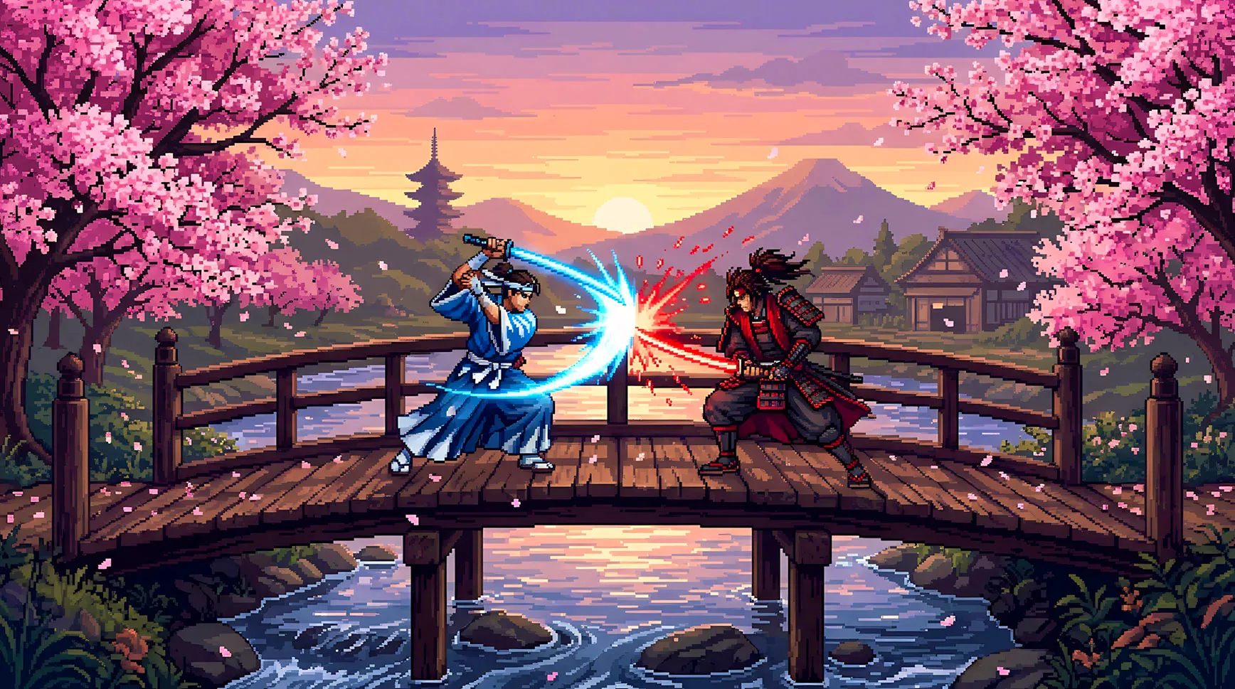 Pixel-art scene of two samurai clashing swords on a wooden bridge beneath cherry blossoms at sunset