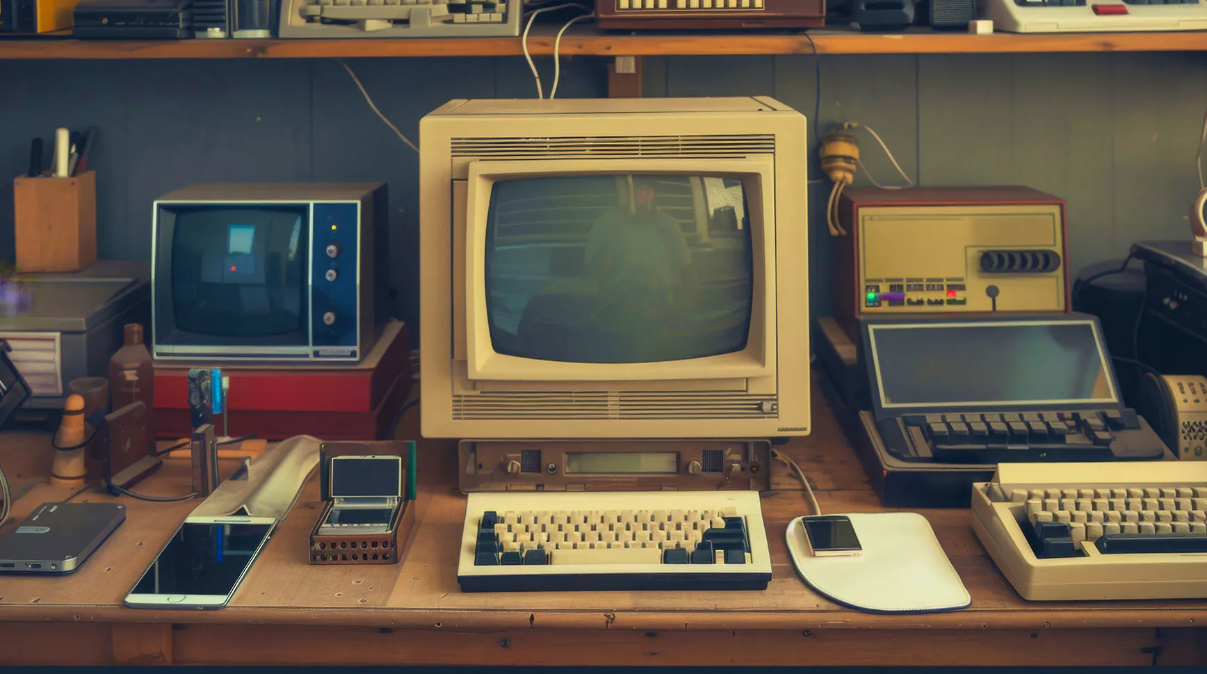 Desk crowded with vintage computers and CRT monitors alongside modern smartphones and a tablet
