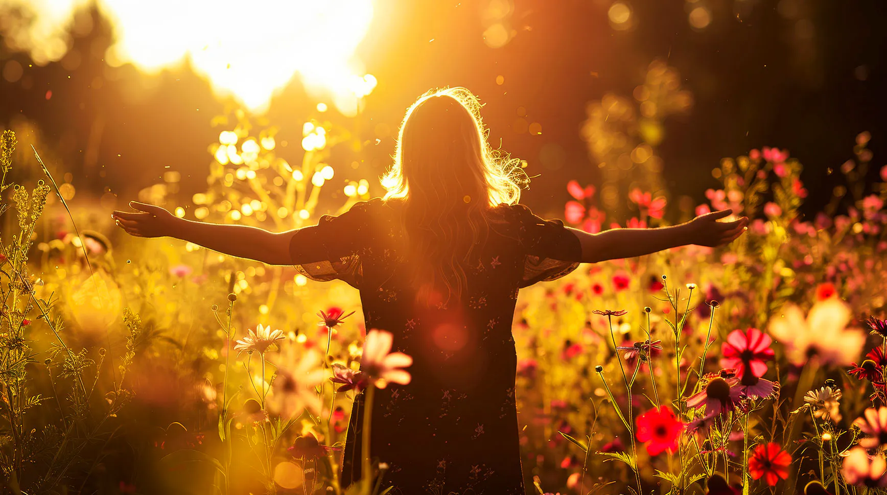 Woman seen from behind with arms outstretched in a sunlit wildflower meadow