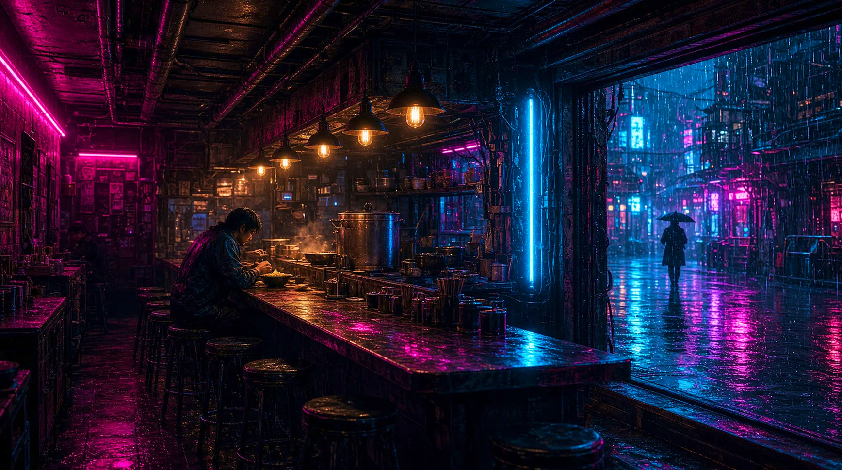 Neon-lit noodle bar on a rainy night with a lone diner at the counter and a figure with an umbrella passing outside