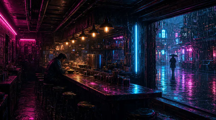 Neon-lit noodle bar on a rainy night with a lone diner at the counter and a figure with an umbrella passing outside