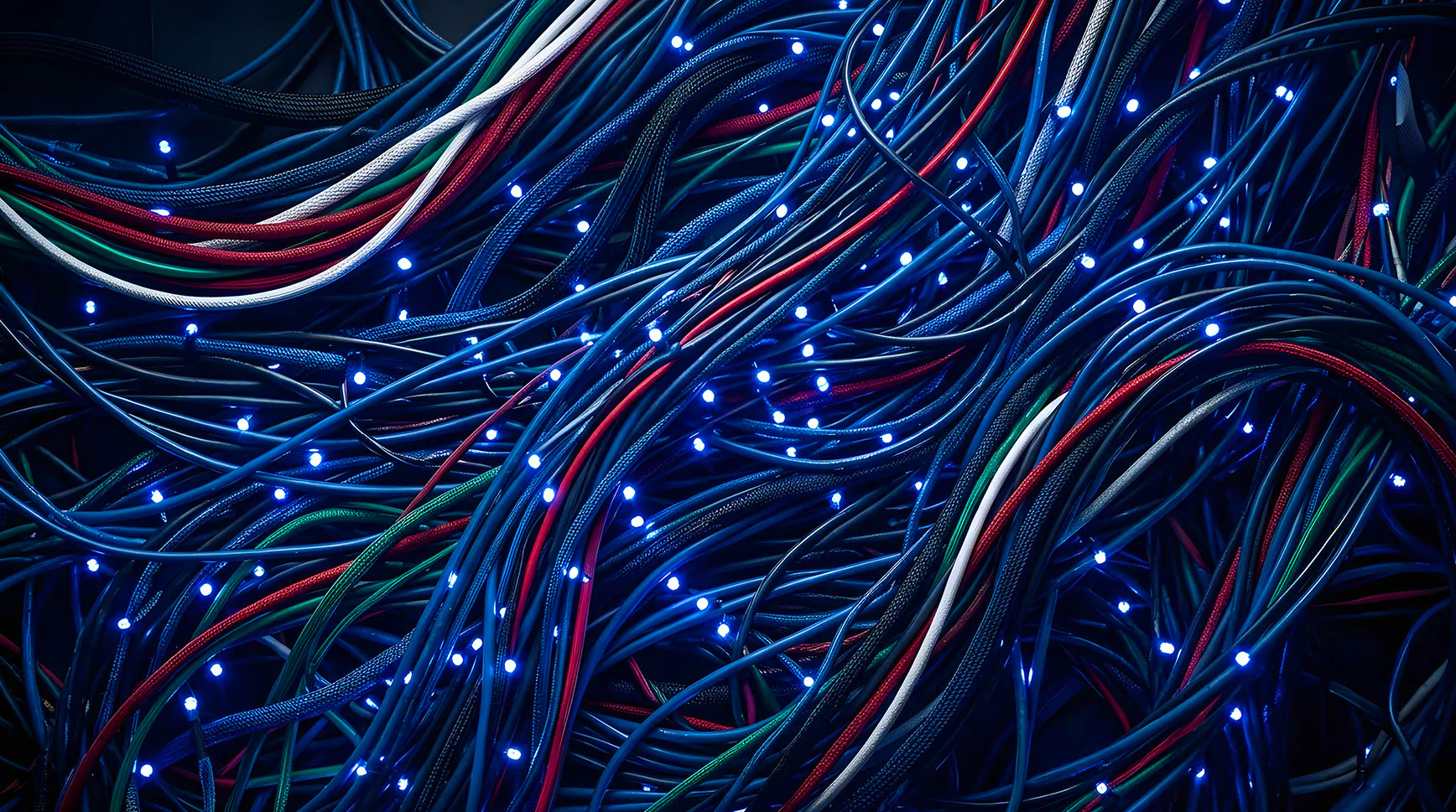 Dense tangle of network cables studded with glowing lights, evoking the buzz around AI