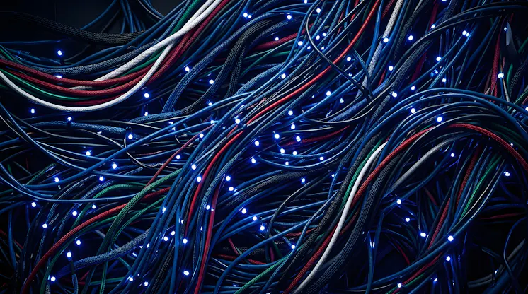 Dense tangle of network cables studded with glowing lights, evoking the buzz around AI