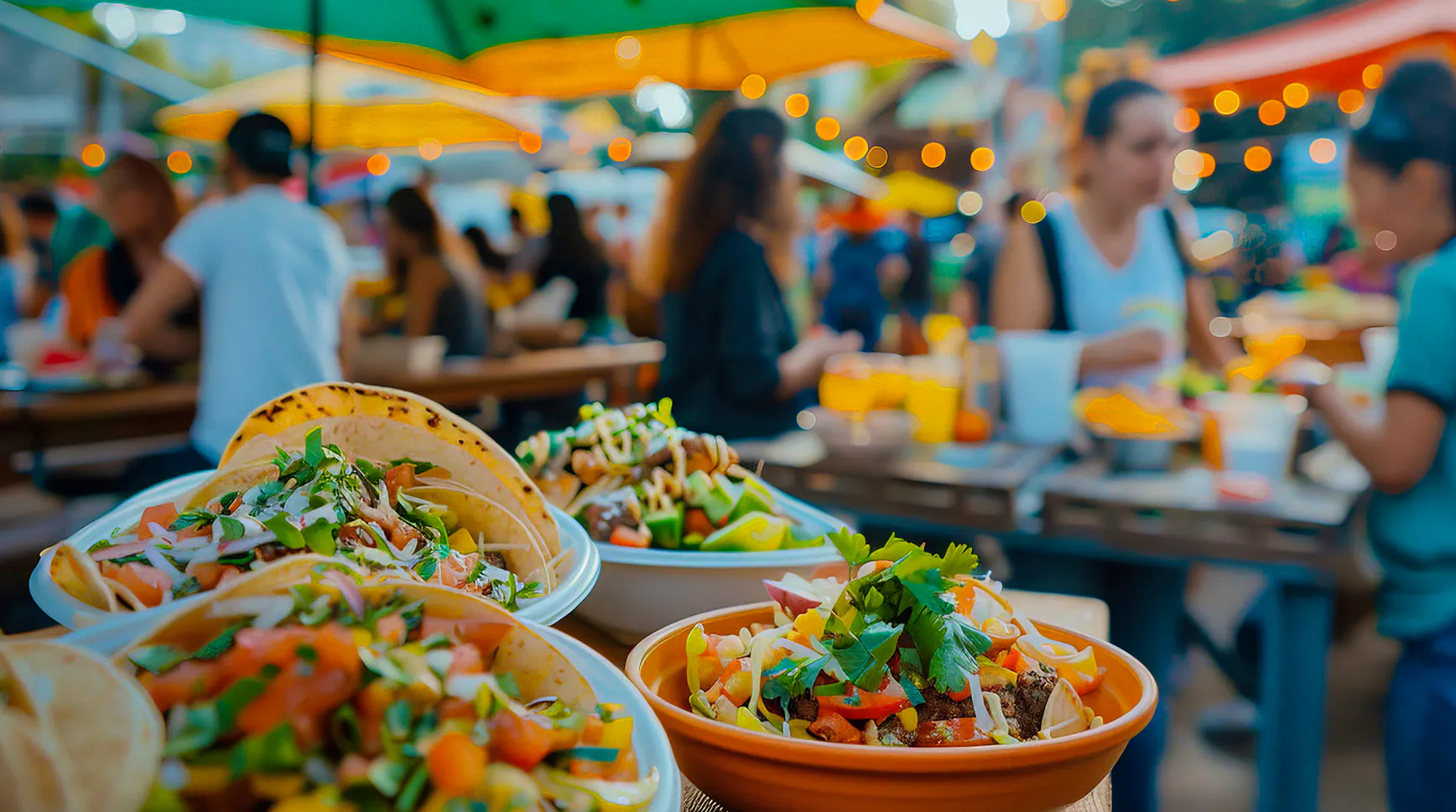 Tacos and bowls of fresh toppings on a table at a busy outdoor food market strung with lights