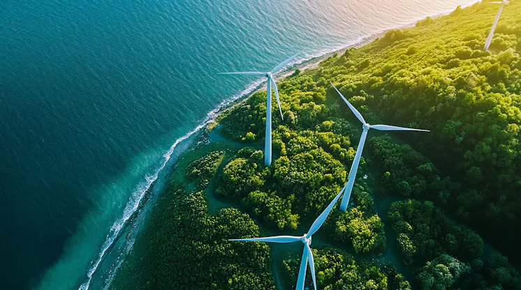 Aerial view of wind turbines on a forested coastline beside the sea