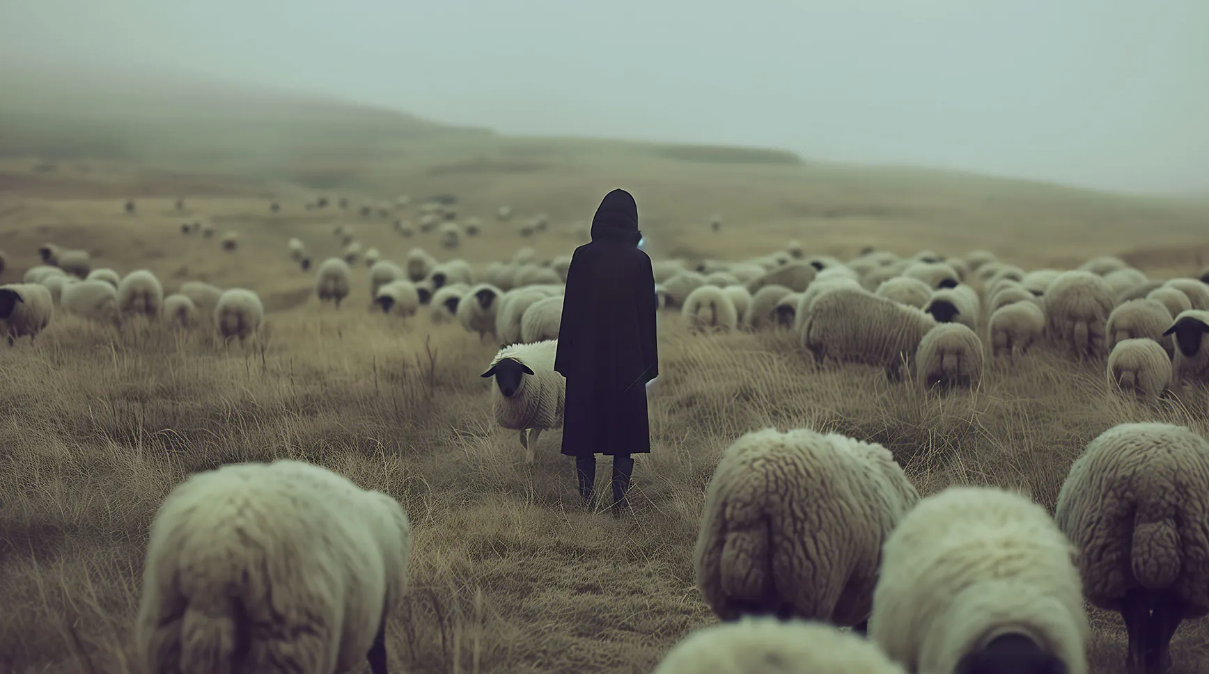 Hooded figure in a dark cloak standing alone among a flock of sheep in a misty field