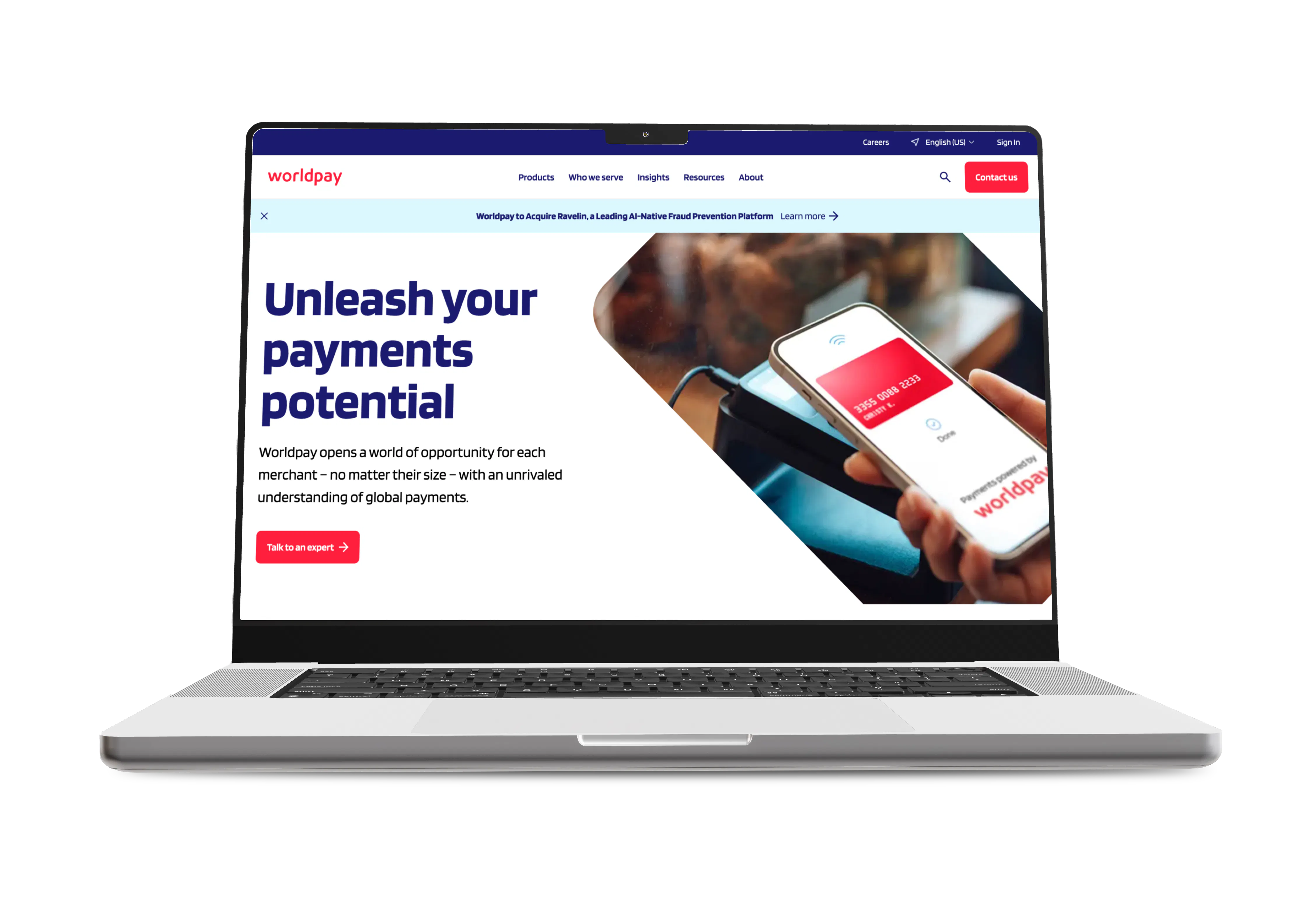 Worldpay homepage on a laptop with the headline Unleash your payments potential