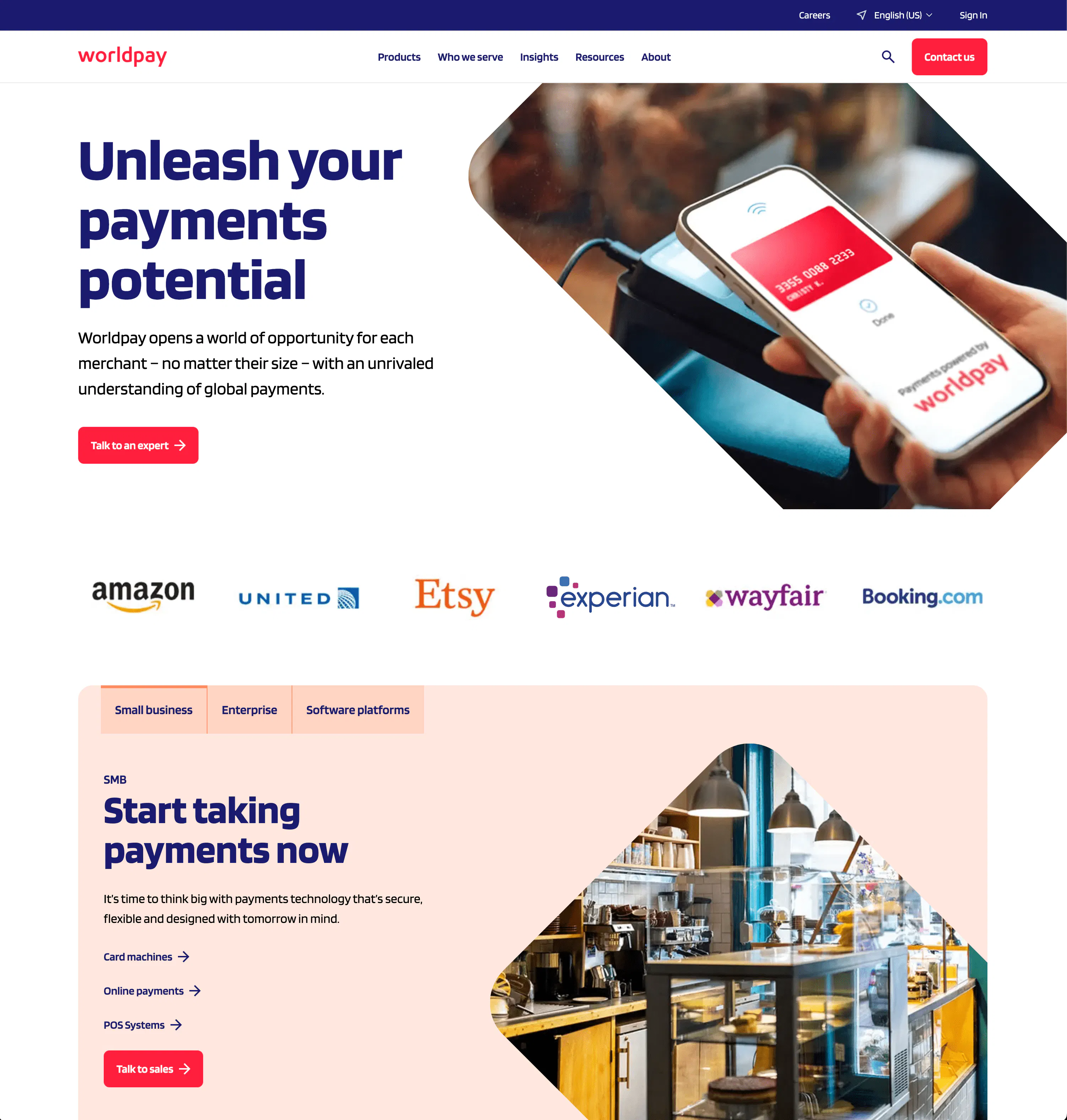 Worldpay homepage with partner logos and the small business tab of the audience switcher