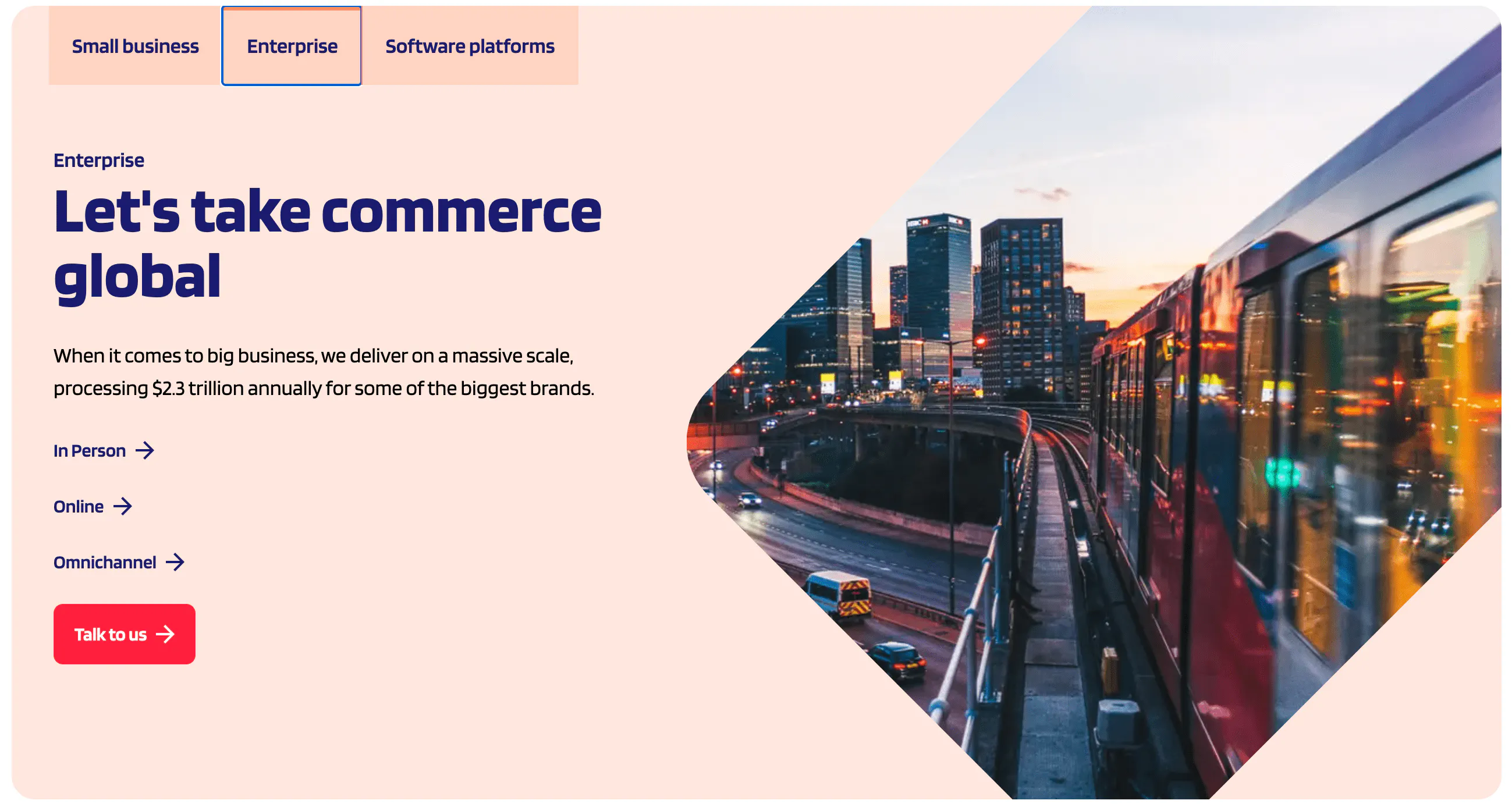 Worldpay enterprise tab with the headline Let's take commerce global