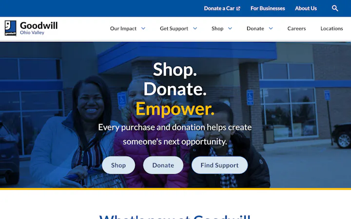 Top of the Ohio Valley Goodwill homepage with the headline Shop. Donate. Empower.