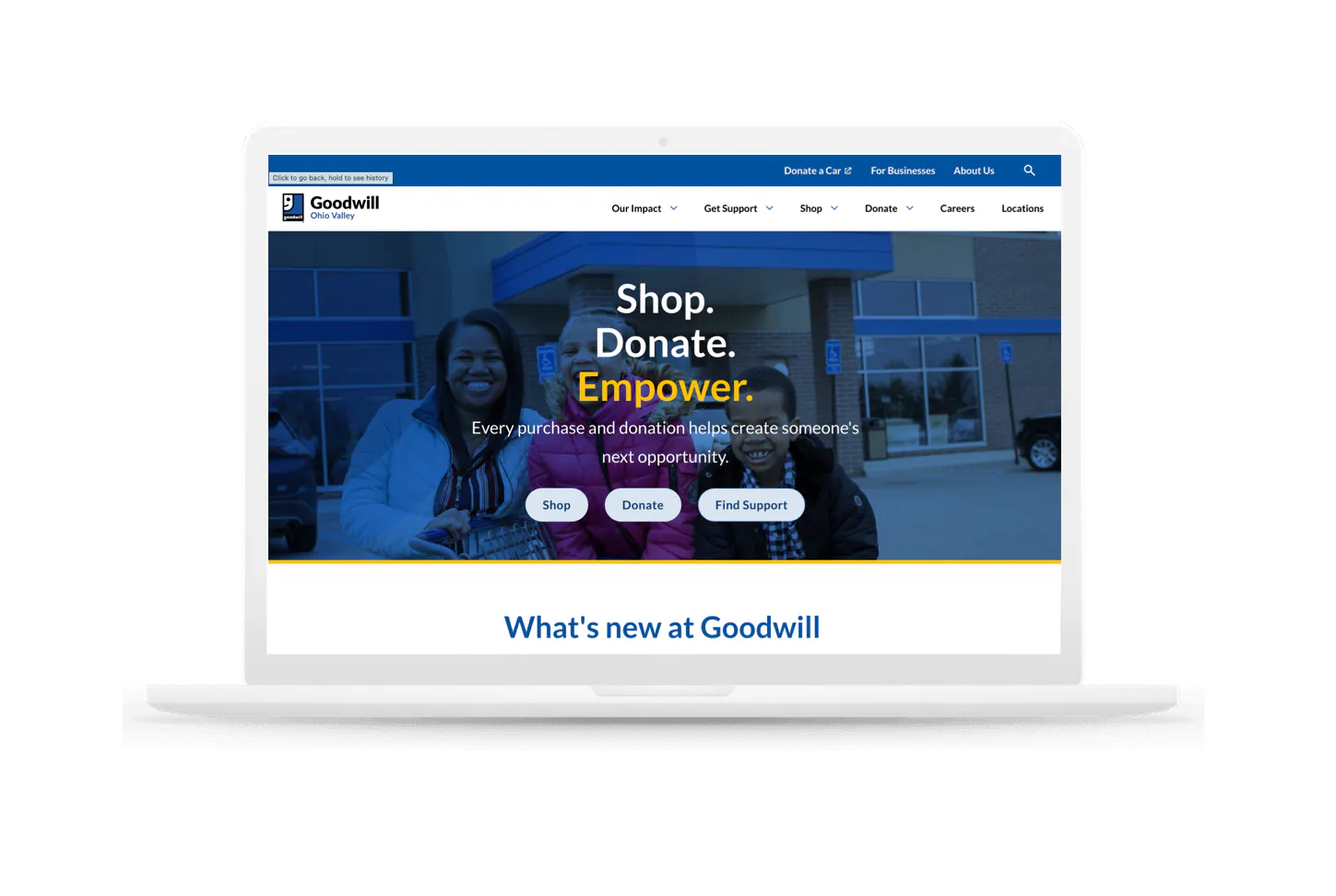Ohio Valley Goodwill homepage on a laptop with the headline Shop. Donate. Empower.